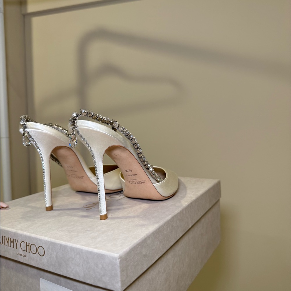 Jimmy Choo BRIDAL White Satin Crystal-Trim Slingback Pumps